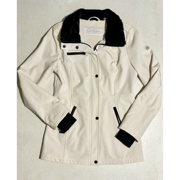 Jessica Simpson Womens Jacket Size Small White Zip Up Black Faux Fur Trim - Picture 1 of 5
